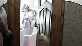 Roommate Peeks At Blonde's Naked Bathroom Tease Without Panties Then Jerks Massive Cumshot