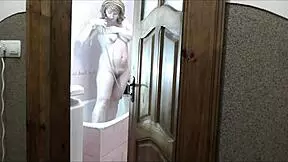 Roommate Peeks At Blonde's Naked Bathroom Tease Without Panties Then Jerks Massive Cumshot