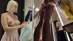 Young blonde with big tits tries see-through outfits in public