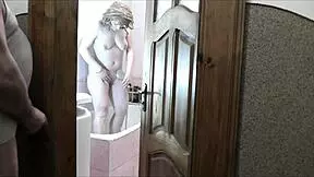Roommate Peeks At Blonde's Naked Bathroom Tease Without Panties Then Jerks Massive Cumshot
