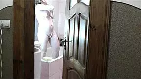 Roommate Peeks At Blonde's Naked Bathroom Tease Without Panties Then Jerks Massive Cumshot