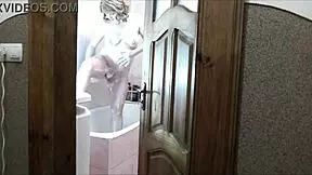 Roommate Peeks At Blonde's Naked Bathroom Tease Without Panties Then Jerks Massive Cumshot