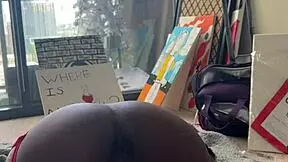 Ebonys tight pussy battles the pounding fuck machine.