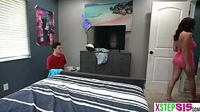 Stepsister struts as total slut in skimpy outfit flashing huge boobs for pov cock pounding