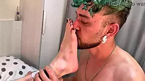 Skinny wife teases with footjob then gets pussy licked hard
