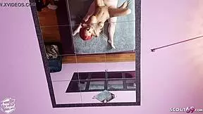 German teen Anni Angel rides small cock cowgirl swallowing cum with tattoos