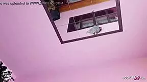 German teen Anni Angel rides small cock cowgirl swallowing cum with tattoos