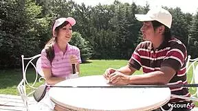 Skinny Japanese teen risks public golf blowjob facial for old man uncensored?
