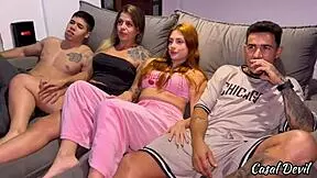 two redhead friends invited for movie rip clothes for submissive ass spanking feet worship and domination