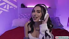 shemale gamer girl gets her petite dick played with by gf toes and sucking fetish fun