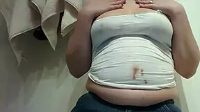 Chubby slob craves chocolate all over her fat belly