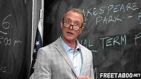 teacher spanks hairy blonde student pussy for phone use then creampies her hard