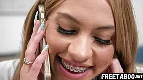 teacher spanks hairy blonde student pussy for phone use then creampies her hard