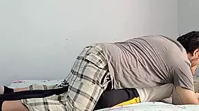 horny wet latina teen girlfriend with shaved pussy gets licked and fucked hard by stepbro despite period