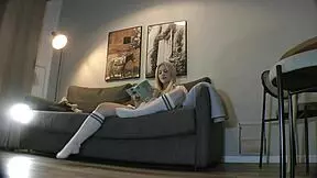 Busty milf with huge natural tits strips thong off thick thighs on sofa