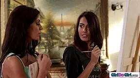 damn 18yo student slut licks shaved model pussy and teachers big natural tits in hot threesome 69