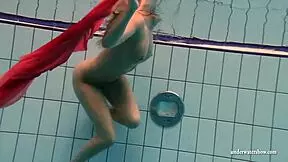 big tits silvie swims bikini-off, flashes hairy pussy underwater?