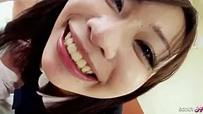 Petite Japanese teen with hairy pussy gets picked up for raw POV defloration creampie by older guy