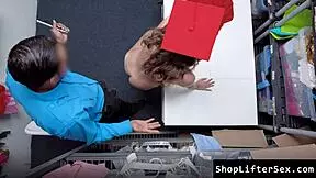 naughty shoplifter drops to knees showing officer her wet blowjob talents