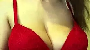 My friend's mom with big tits in red bra flashes her hard nipples outdoor