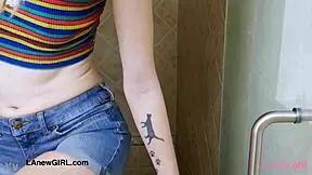 Tall brunette milf model strips soaks in shower after sofa massage photoshoot