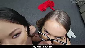 Hey stepdad and stepdaughters turn office into hot threesome fuckfest