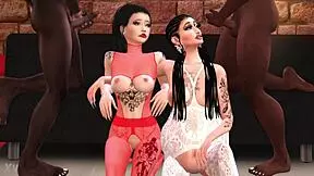 Pregnant milf Kate Ina and Chunga share monster big black cocks in wild Sims 4 group orgy with teen action.
