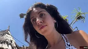 Walking Hot Cum Covered Face on Crowded Public Beach Full of People. Sloppy Exhibitionist Cumwalk