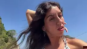 Walking Hot Cum Covered Face on Crowded Public Beach Full of People. Sloppy Exhibitionist Cumwalk