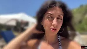 Walking Hot Cum Covered Face on Crowded Public Beach Full of People. Sloppy Exhibitionist Cumwalk