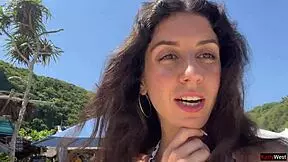 Walking Hot Cum Covered Face on Crowded Public Beach Full of People. Sloppy Exhibitionist Cumwalk