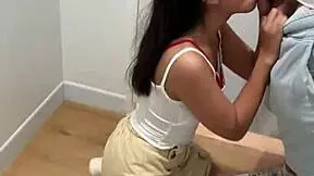 skinny 18yo asian sucks cock in changing room and swallows cum pov
