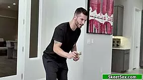 petite blonde with small tits kneels to deepthroat boyfriend's huge throbbing cock