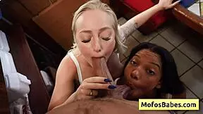 whoa slutty big tit blonde elana bunnz shares derek savage's bbc with ebony eden west 😍 public diner blowjob frenzy!!