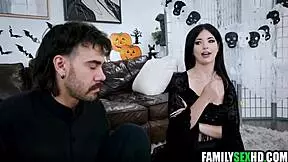 Virgin step-sister sneaks into step-brother's room on Halloween for taboo first fuck