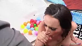 Tall big saggy tits girl ass fucked hard by old client facial cumshot