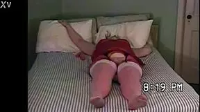 Curvy young wife slips white stockings over red pantyhose toys herself to multiple shaking orgasms