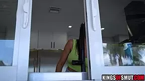 young spy gets busted peeking at milf's big tits leading to deepthroat pov fuck