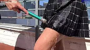 Erotique two amateur girls suck Eric John's monster cock for outdoor barefoot footjobs on balcony patio