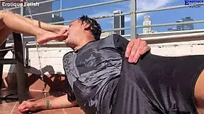 Erotique two amateur girls suck Eric John's monster cock for outdoor barefoot footjobs on balcony patio