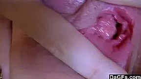 dagfs teen strips, rips clothes and fingers pussy on bed for quick sex cash