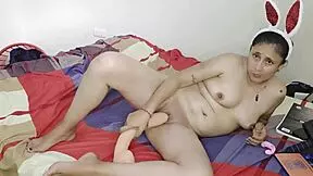 She slides her huge new dildo into dripping wet pussy