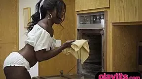 damn this petite ebony strips her juicy ass in kitchen
