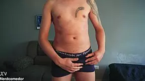 Nerdy stud yanks underwear jerks massive cock moaning hard till explosion