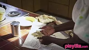 damn this petite ebony strips her juicy ass in kitchen