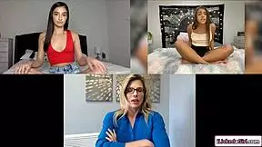 stepmom sneaks peeks as brunette stepdaughter fingers shaved pussy on cam