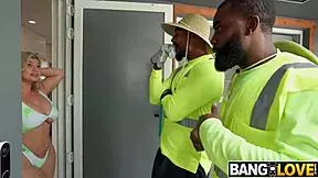 sunbathing andie anderson seduces gardeners into threesome facial cumshot