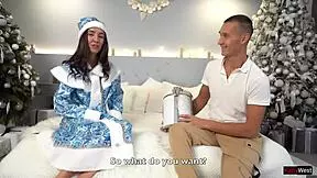 sexy snow maiden says merry christmas then takes rough threesome by tree