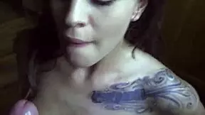 stepsister kneels close up deepthroats big cock till skinny face gets full sperm facial