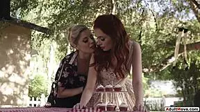 Redhead milf neighbor licks petite blonde's hairy outdoor pussy beaver muff diving!